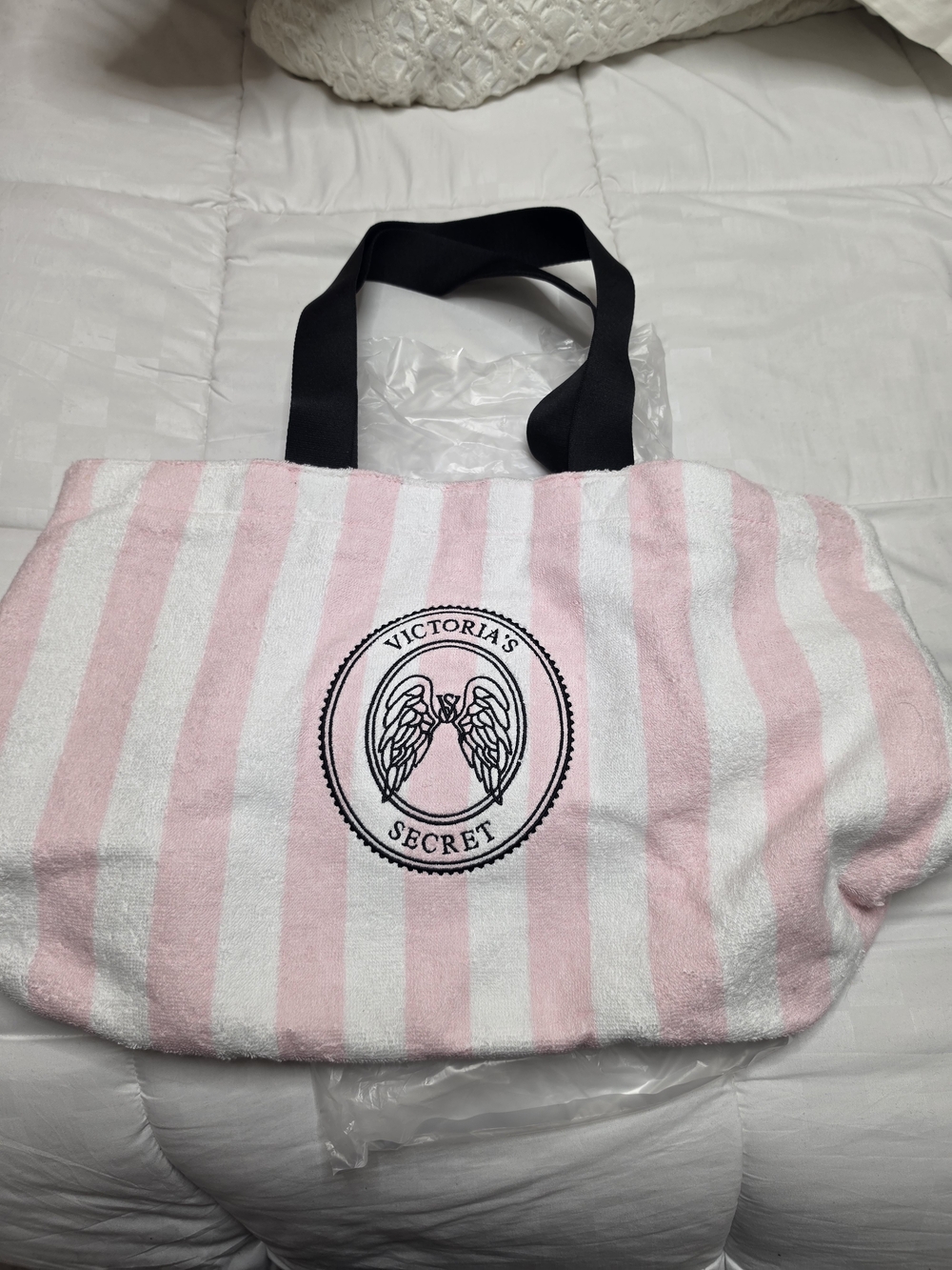 Victoria's Secret Pink & White Striped Logo Tote with Black Handles